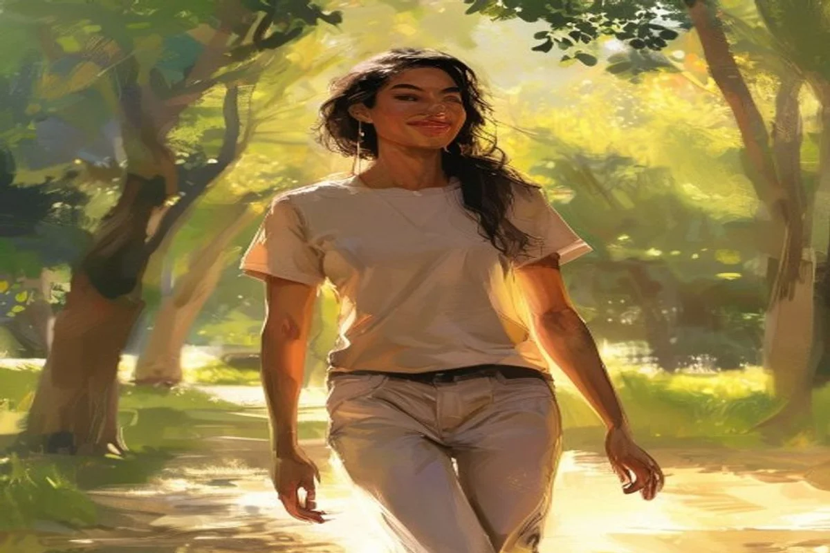Mulher caminhando confiante em um parque, cuidando da autoestima durante a reconquista amorosa