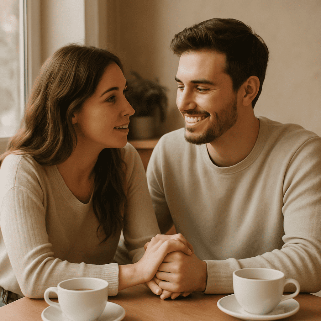 Casal juntos em uma sala, tomando café, ele sorri enquanto escuta, ele segura a mão dela e observa com admiração suave