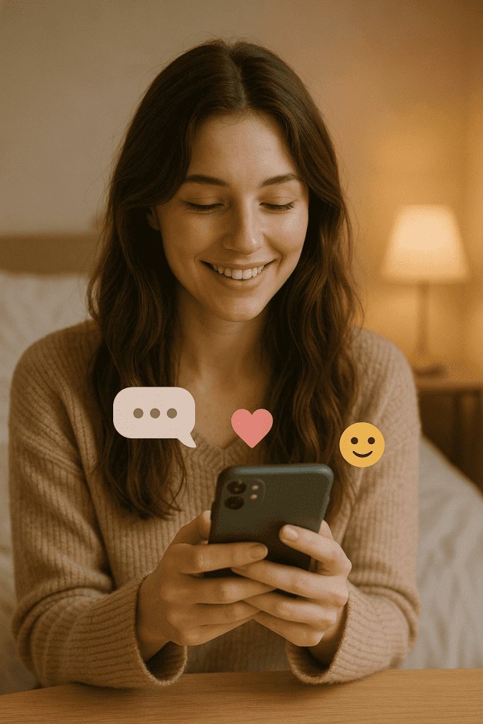 Uma jovem mulher sorrindo enquanto segura o celular e lê mensagens com atenção e leveza