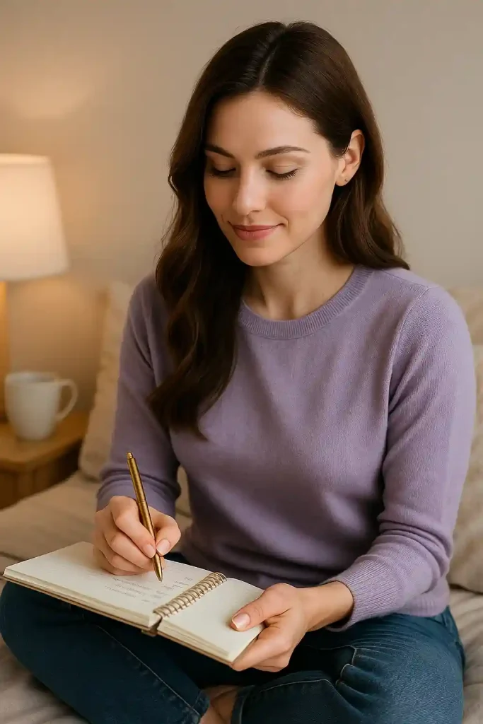 Mulher confiante e pensativa preenchendo um checklist pessoal em caderno ou planner, representando autoavaliação emocional, autenticidade e preparo para conquistar um homem do signo de Aquário com inteligência e leveza.