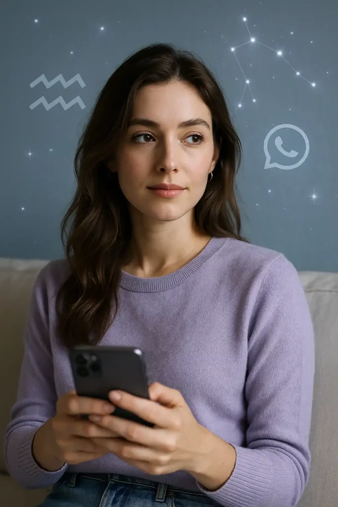 Mulher trocando mensagens no celular com expressão pensativa e confiante, cercada por elementos sutis de astrologia, representando como conquistar um homem de Aquário pelo WhatsApp.