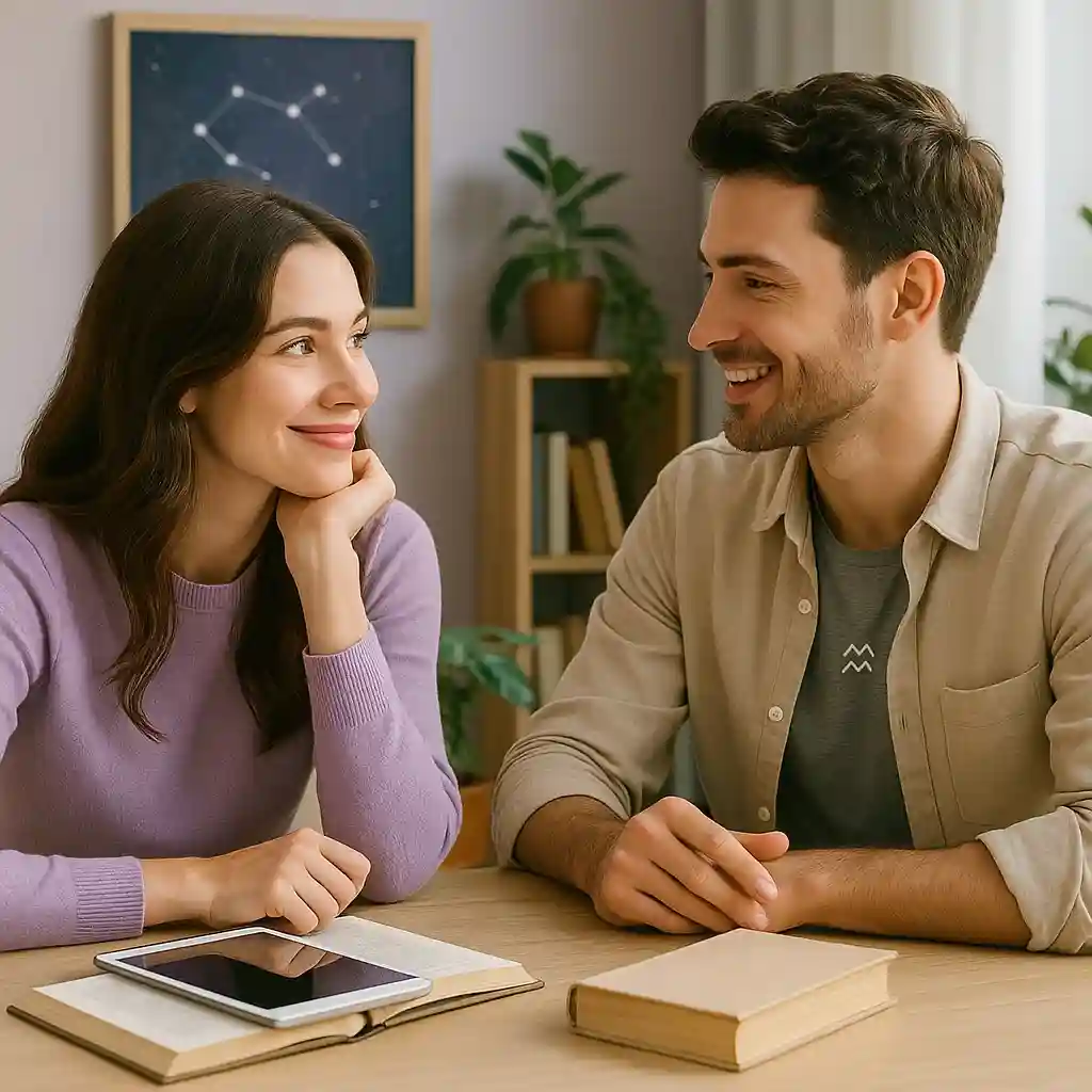 Casal conversando com conexão mental e leveza, em ambiente criativo, simbolizando como conquistar um homem de Aquário com psicologia, PNL e astrologia.