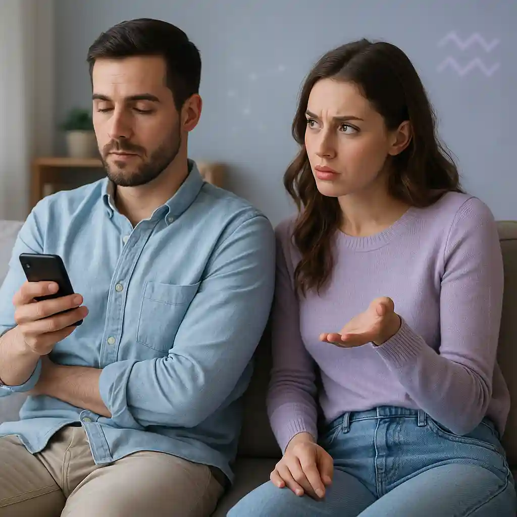 Casal moderno em cenário desconectado, com o homem demonstrando desinteresse e a mulher ansiosa, simbolizando erros como ciúmes precoce e pressão emocional que afastam o homem de Aquário.
