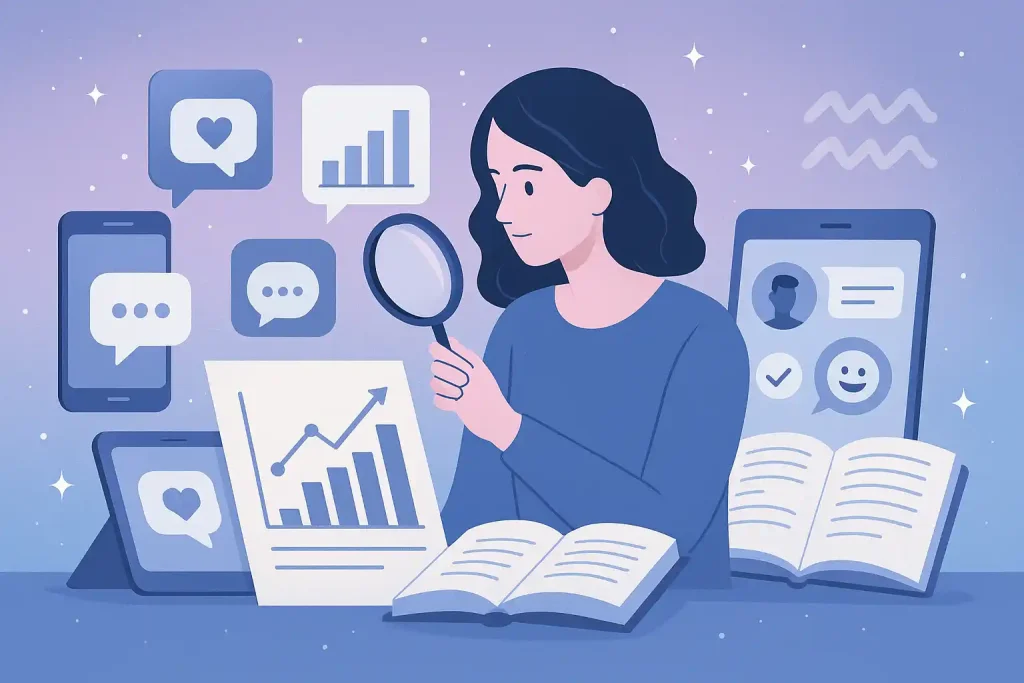 Ilustração conceitual representando estudos sobre comunicação digital e atração, com elementos de mensagens online, dispositivos móveis, gráficos de pesquisa e toques sutis ligados ao signo de Aquário, simbolizando como o ambiente virtual influencia na conexão emocional e na forma de expressão de homens aquarianos.