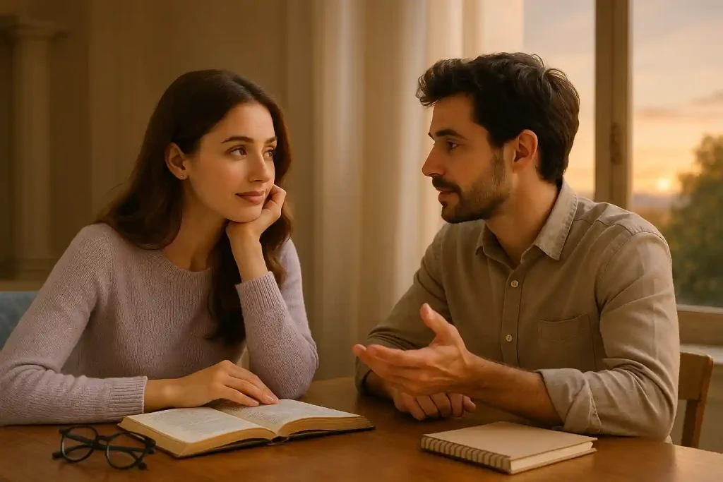 Casal trocando ideias em ambiente filosófico e acolhedor, com livros e expressões reflexivas, representando a conexão entre filosofia, liberdade emocional e comunicação profunda.