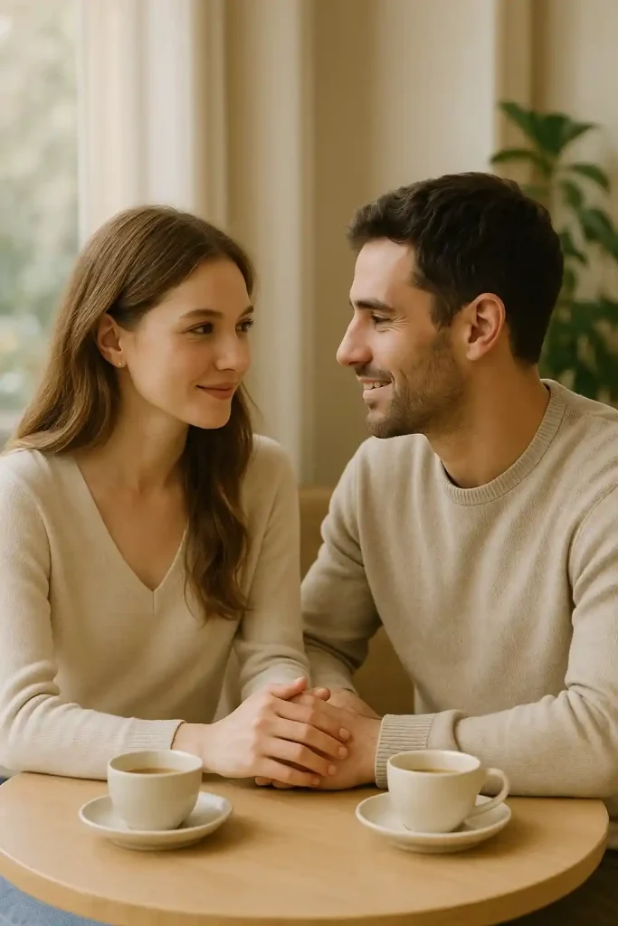 Casal se conectando emocionalmente através do olhar e conversa, representando o poder das palavras na sedução emocional para conquistar um homem.
