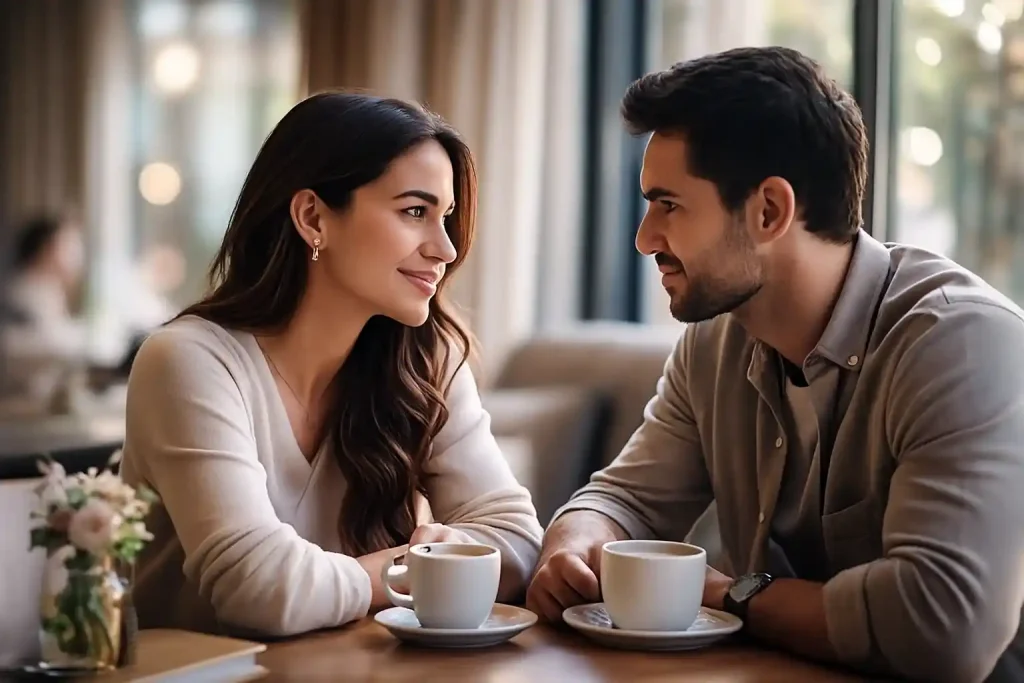 Casal trocando olhares emocionais, mulher reflexiva, representando frases para criar conexão emocional de forma autêntica.