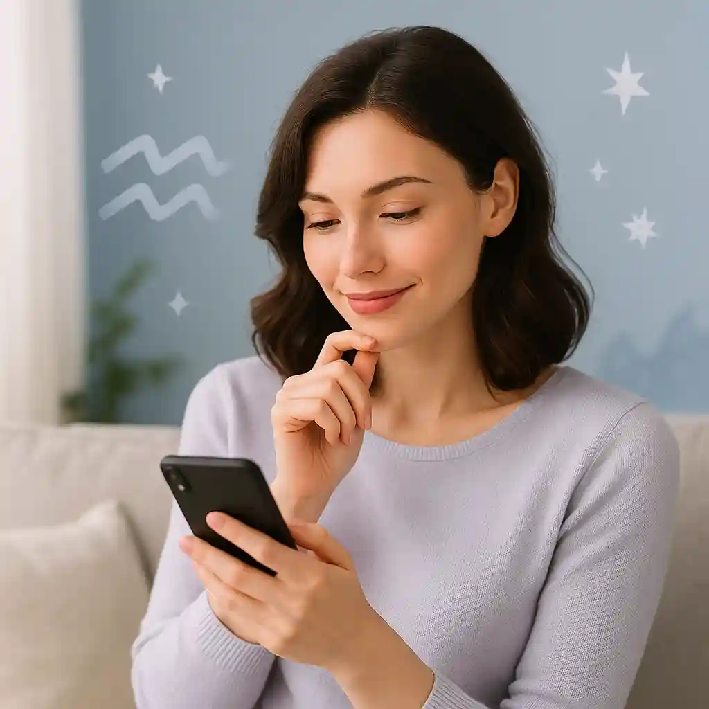 lher digitando no celular com expressão leve e pensativa, representando mensagens inteligentes e provocativas que despertam a curiosidade do homem de Aquário no WhatsApp.