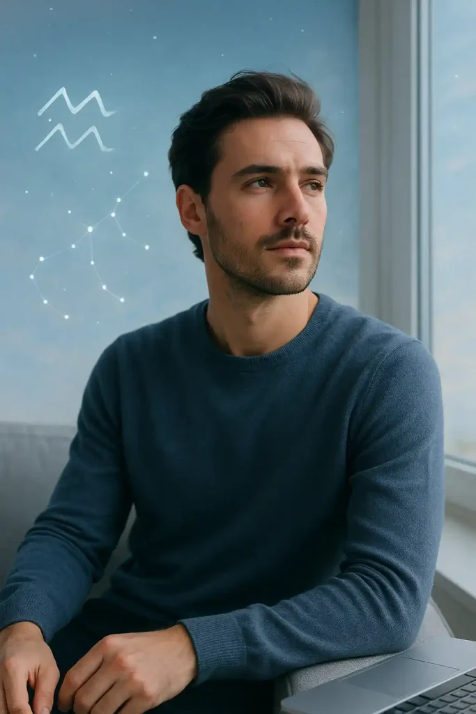 Homem pensativo com aparência moderna e expressão introspectiva, representando o perfil psicológico do homem de Aquário no amor: livre, racional, curioso e emocionalmente desapegado.