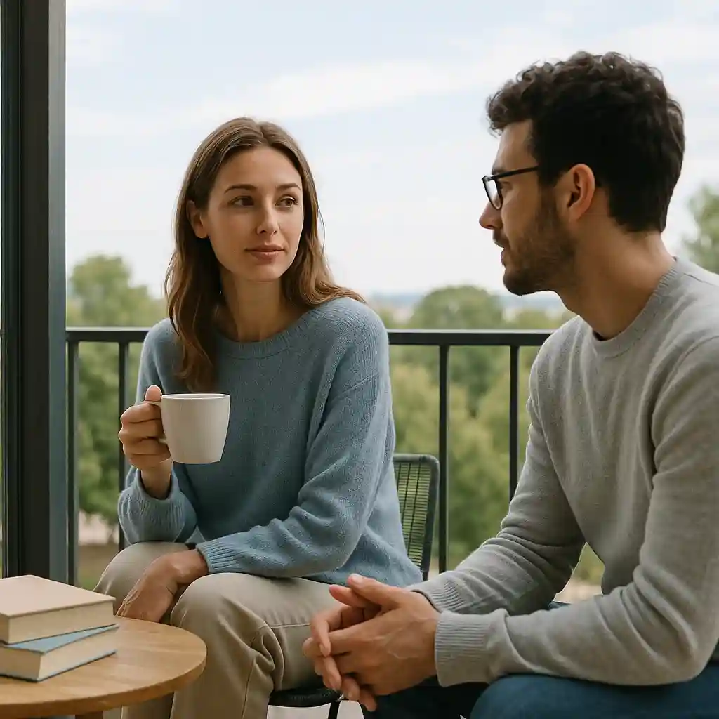 Imagem realista de um casal conversando com leveza e liberdade em ambiente acolhedor, representando a conexão emocional e psicológica baseada em respeito, curiosidade e espaço — valores essenciais para atrair um homem do signo de Aquário.