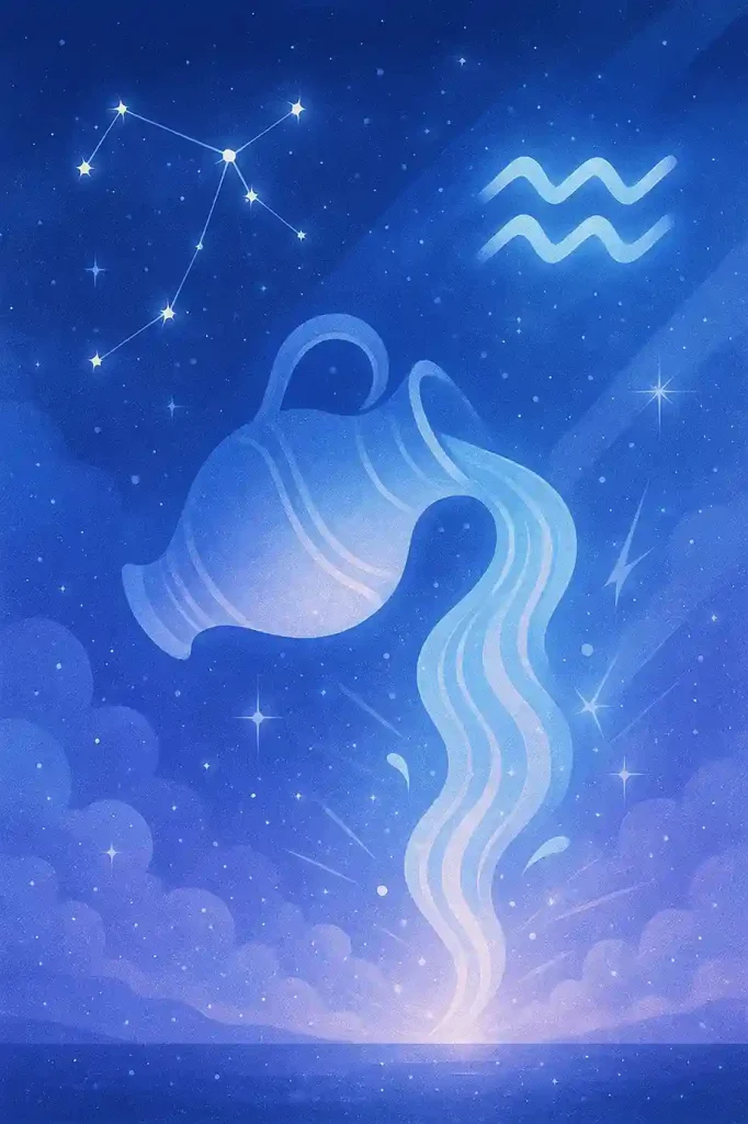 Representação visual do signo de Aquário na astrologia, com constelação, símbolo e elementos cósmicos que remetem à liberdade, inovação e emoções não convencionais.