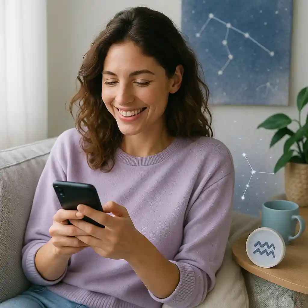 Mulher sorrindo enquanto digita no celular em ambiente casual e leve, representando as estratégias para conquistar um aquariano no WhatsApp com criatividade, inteligência e liberdade emocional.