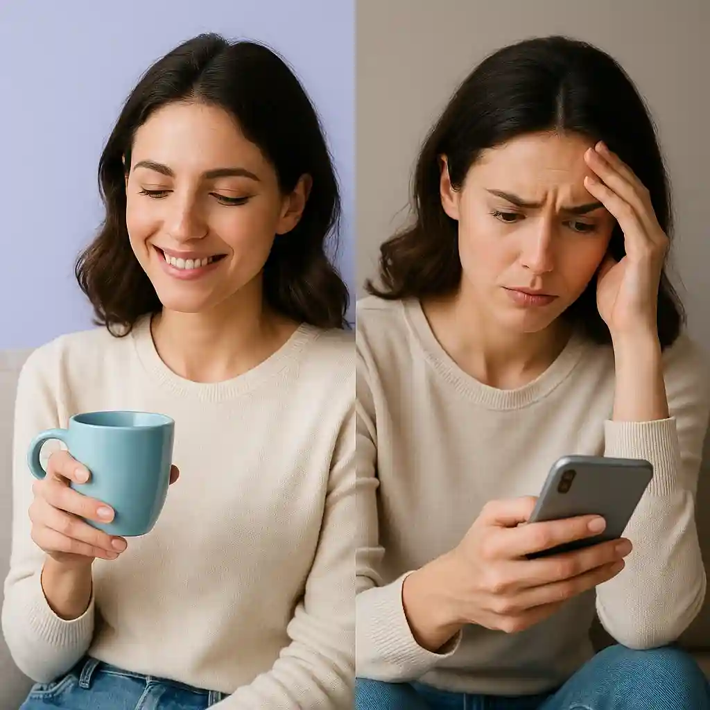 Imagem comparativa com duas versões de uma mulher, representando atitudes positivas como autenticidade e leveza versus erros como carência e cobrança na conquista de um homem de Aquário.