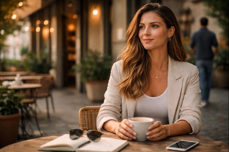 Imagemmostrando como agir quando você percebe que ele está interessado, com postura feminina equilibrada, autêntica e emocionalmente segura.