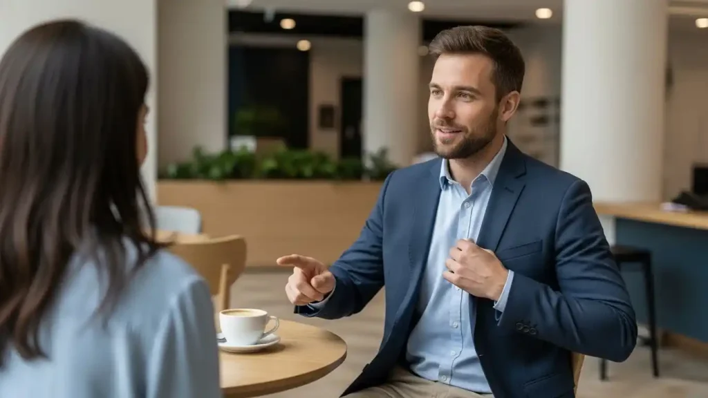Imagem mostrando linguagem corporal e sinais de interesse masculino mais comuns, como inclinação do corpo, postura e proximidade natural.