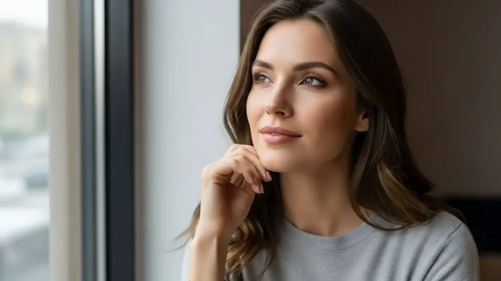 Mulher refletindo com postura emocional inteligente ao perceber sinais inconscientes de interesse masculino
