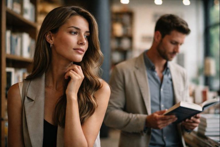 Mulher observando discretamente um homem reservado em ambiente sofisticado, representando psicologia, PNL e astrologia aplicadas à conquista de um homem de Touro