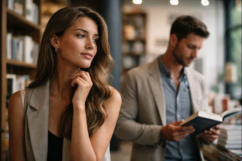 Mulher observando discretamente um homem reservado em ambiente sofisticado, representando psicologia, PNL e astrologia aplicadas à conquista de um homem de Touro