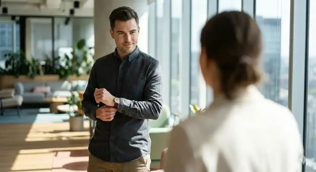 Imagem de um homem atraente em ambiente profissional demonstrando sinais inconscientes de interesse masculino, como inclinação corporal sutil, microexpressões faciais e foco visual atento em direção a uma pessoa desfocada.