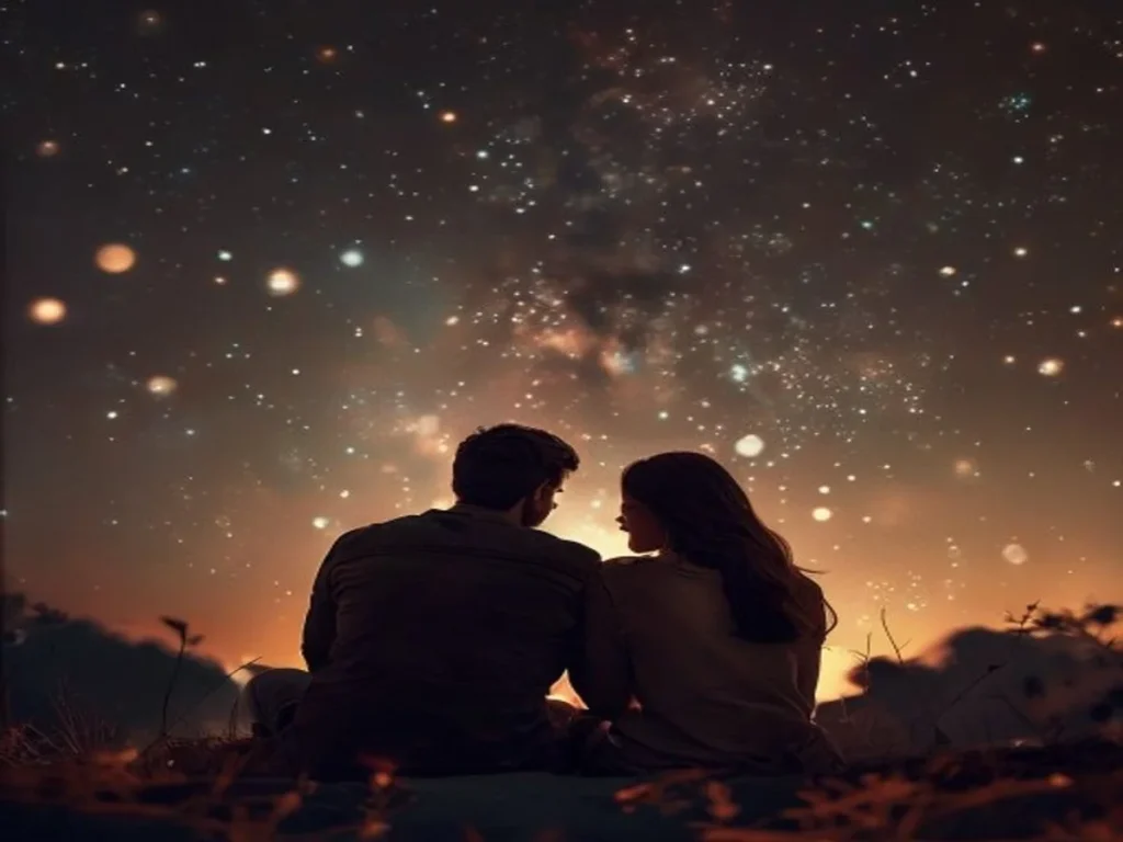 Casal observando o céu estrelado simbolizando a conexão emocional entre signos compatíveis