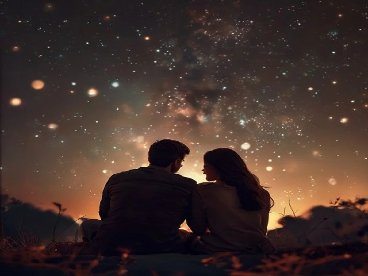 Casal observando o céu estrelado simbolizando a conexão emocional entre signos compatíveis