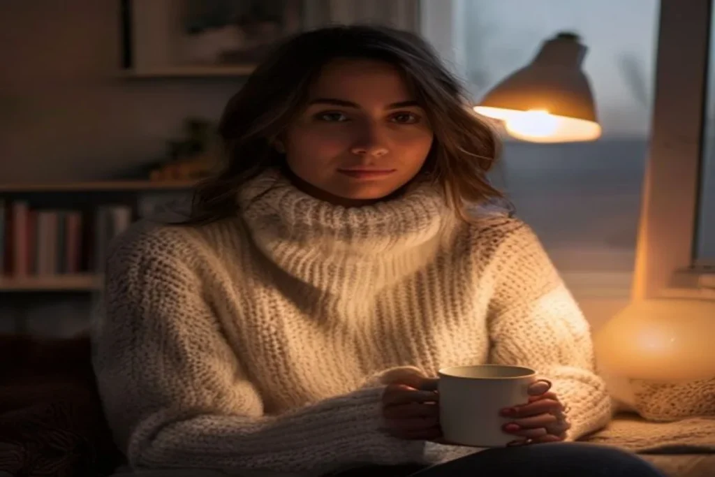 Mulher pensativa em casa segurando uma caneca ao entardecer, refletindo sobre como reconquistar um canceriano