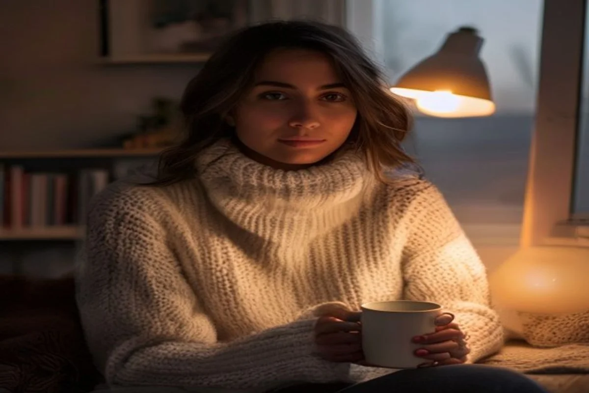 Mulher pensativa em casa segurando uma caneca ao entardecer, refletindo sobre como reconquistar um canceriano