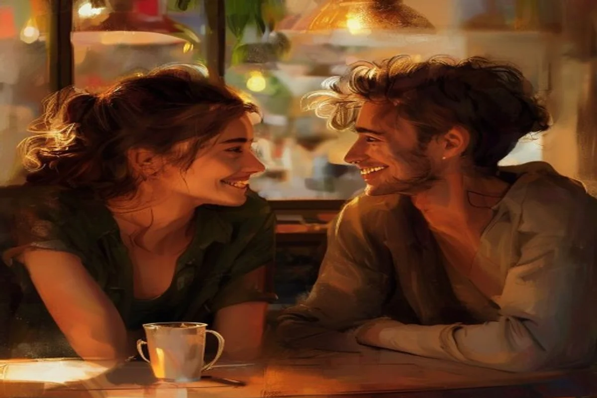 Casal fazendo contato visual e sorrindo, sinal de interesse masculino