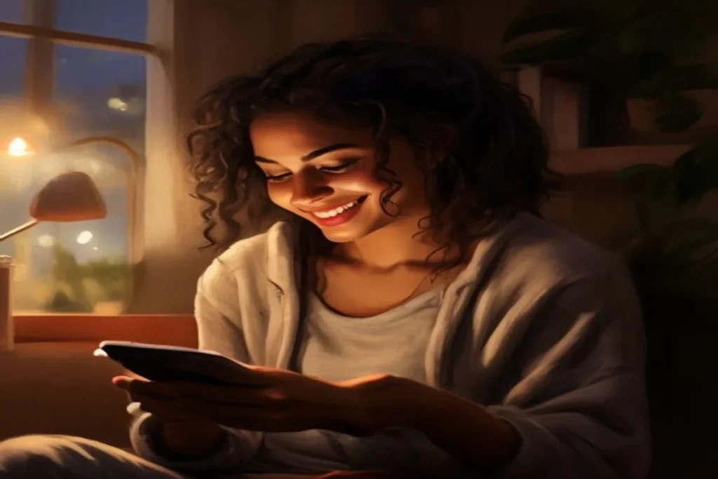 Mulher sorrindo ao ler mensagem no WhatsApp