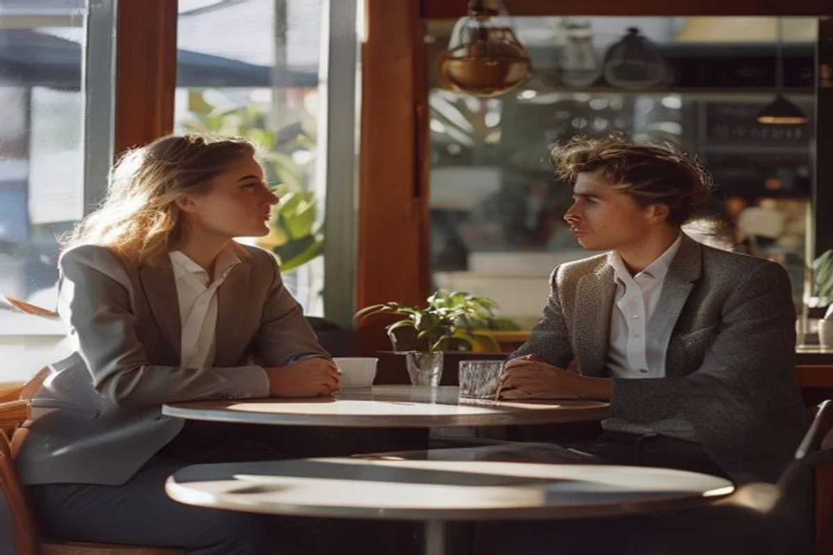 Casal conversando de forma objetiva em um café durante o dia, reconstruindo a confiança na reconquista do capricorniano