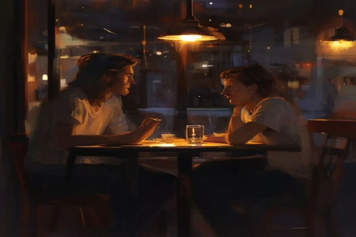 Casal conversando discretamente em um café à noite, reconstruindo a confiança na reconquista do escorpiano