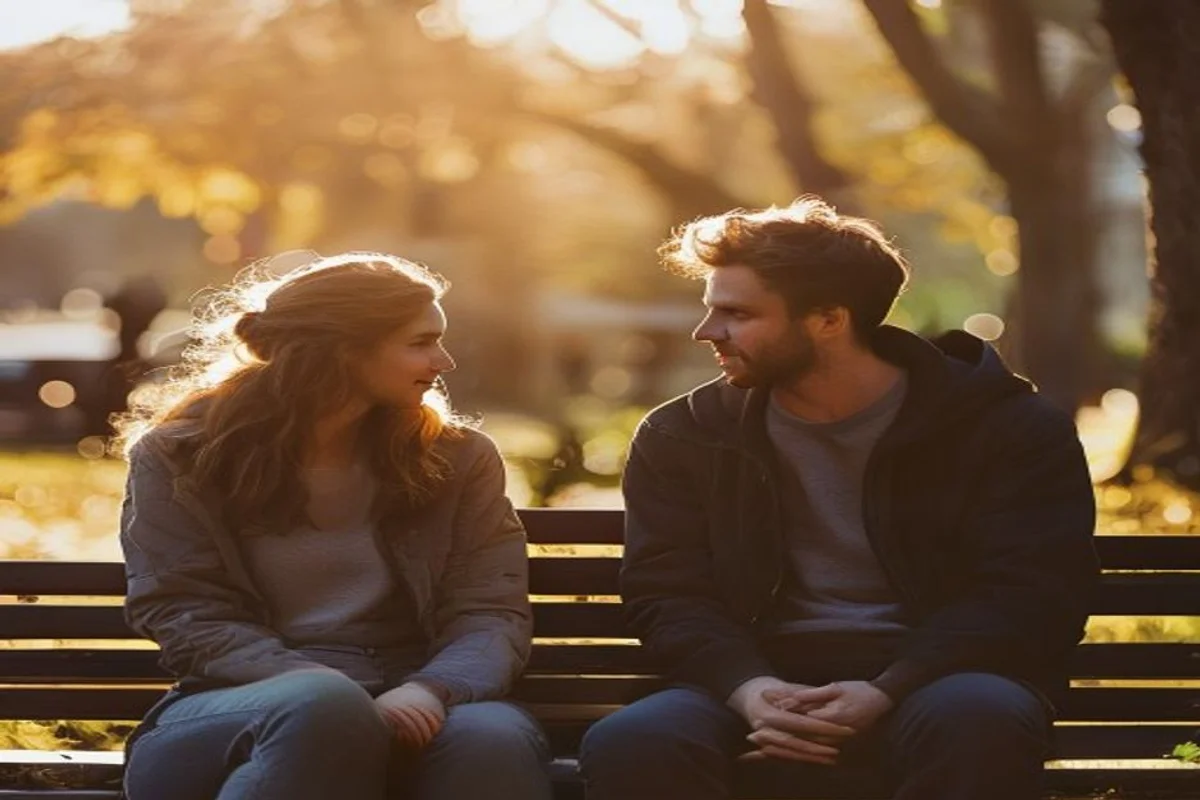 Casal conversando de forma afetuosa em um parque ao entardecer, reconstruindo a confiança na reconquista do pisciano