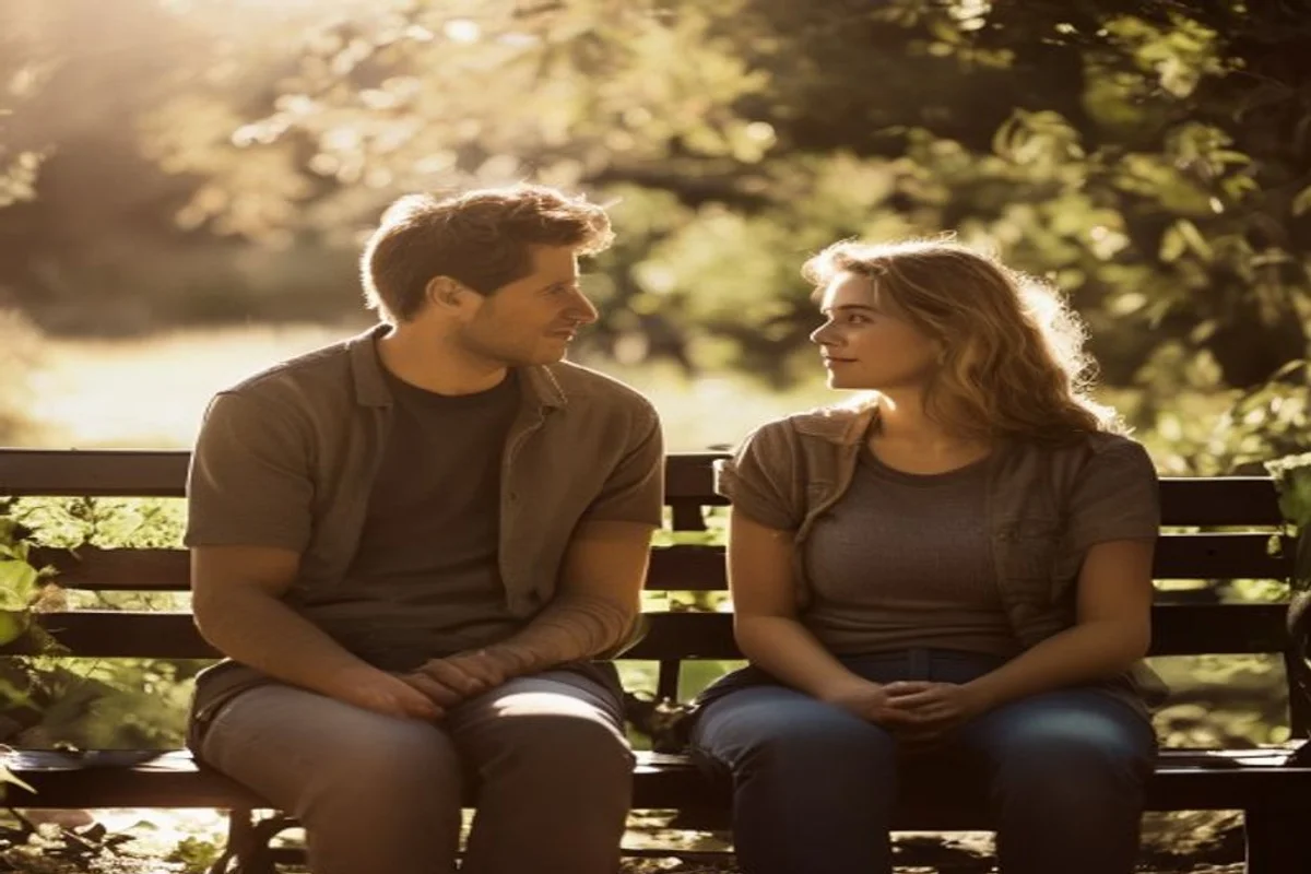 Casal conversando com tranquilidade em um jardim, reconstruindo a confiança na reconquista do taurino