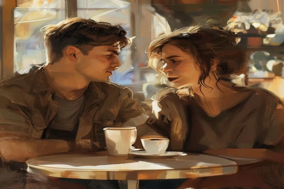 Casal conversando com calma em um café, reconstruindo a confiança na reconquista do virginiano