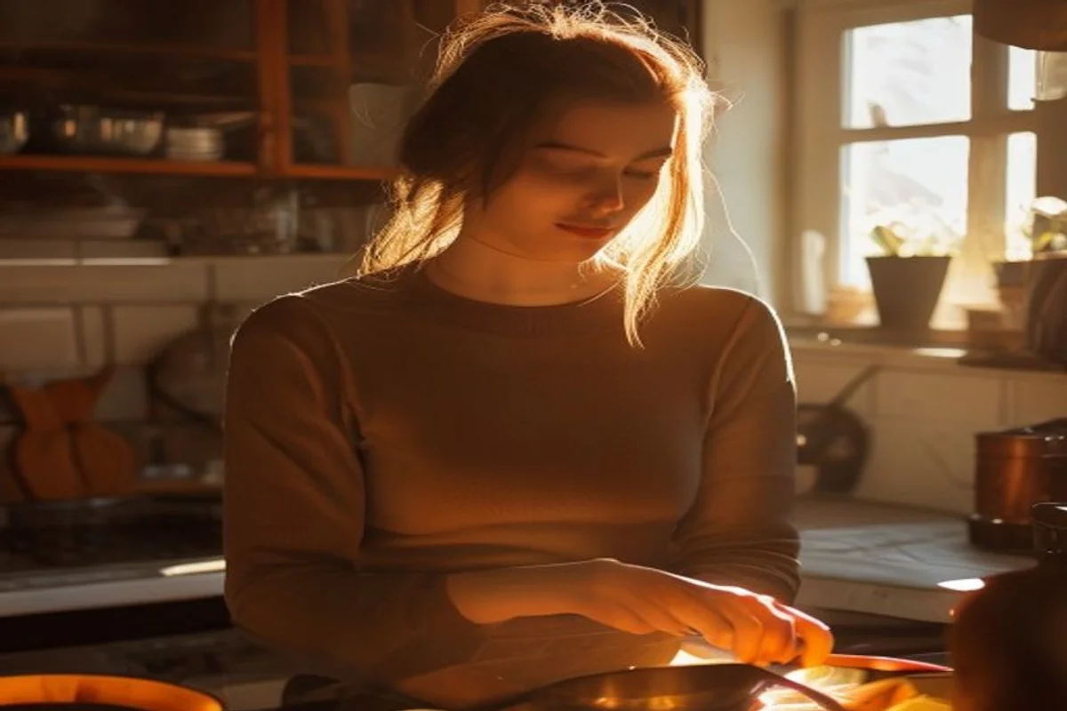 Mulher cozinhando com calma em uma cozinha aconchegante, mostrando mudança real para reconquistar um homem de Touro