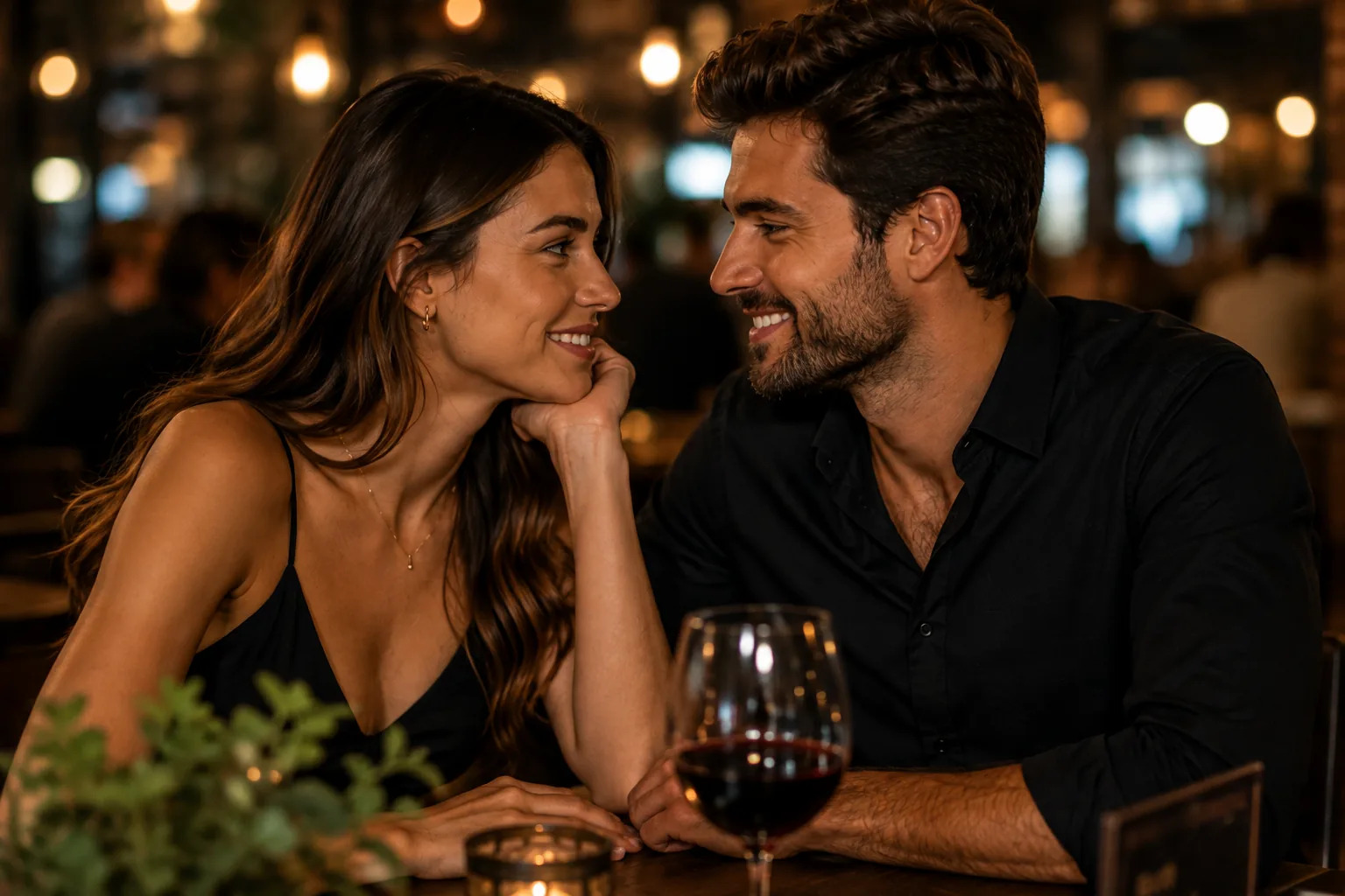 Casal conversando e demonstrando atração e conexão em um encontro