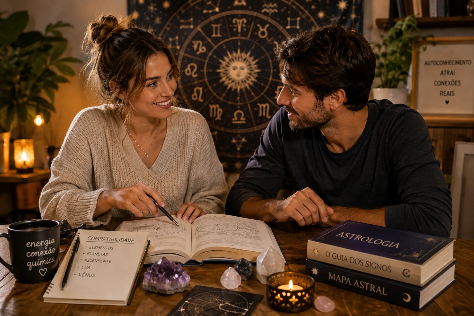 Casal conversando sobre signos e astrologia enquanto cria conexão