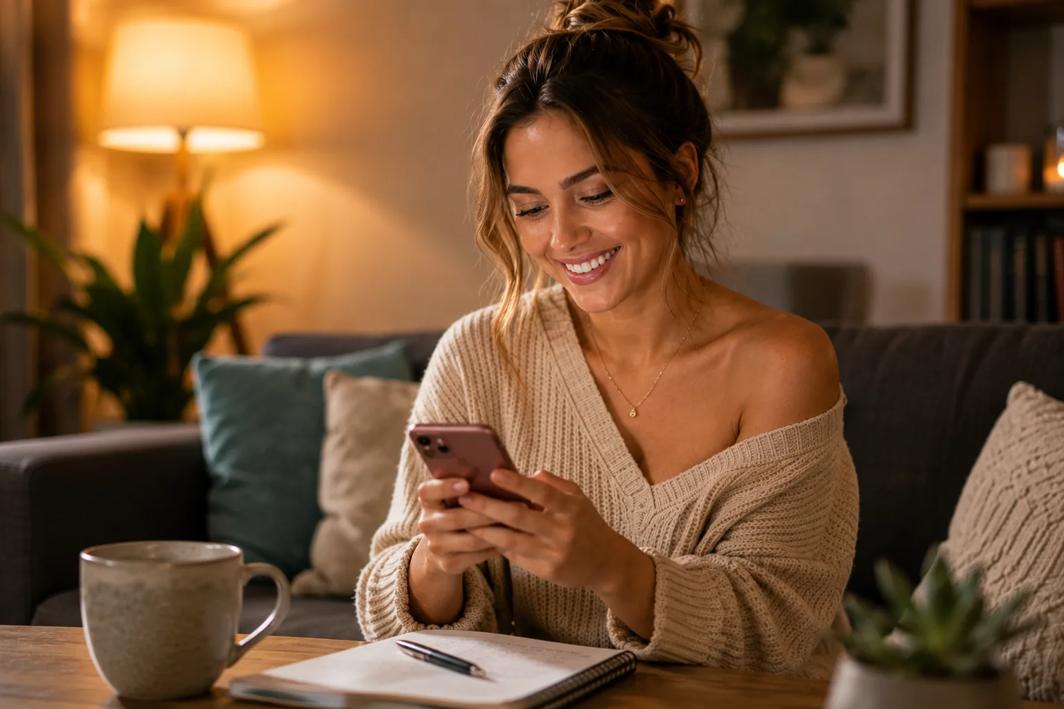 Mulher trocando mensagens enquanto demonstra interesse e aproximação